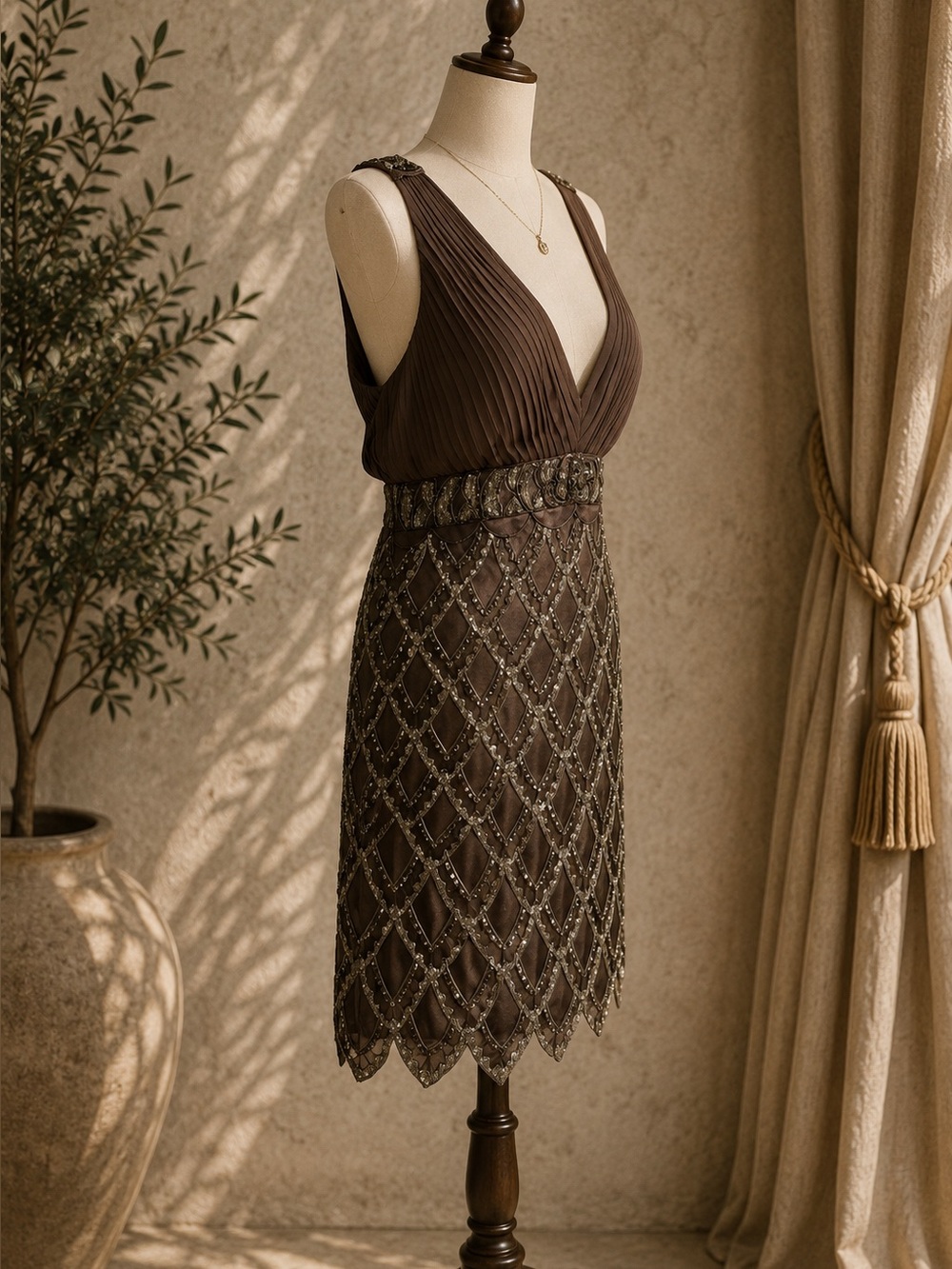 Sue Wong Nocturne Beaded Sequin Cocktail Dress Brown Art Deco Gatsby Size 14 - Picture 3 of 9